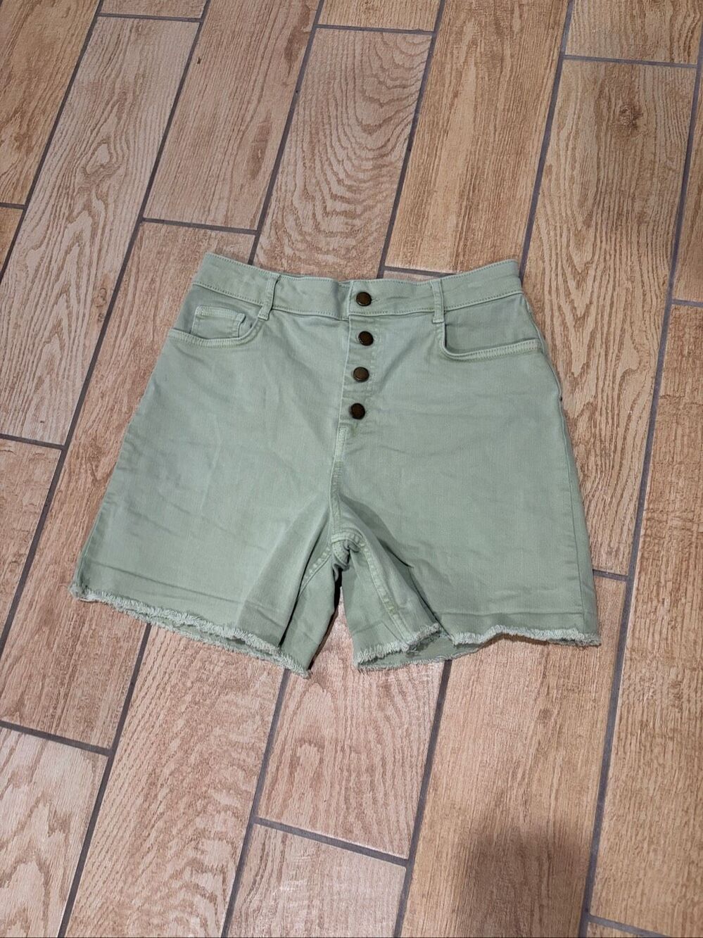 Boden Mint Green Denim Shorts High Rise Frayed Hem Stretch Size 8 Cotton